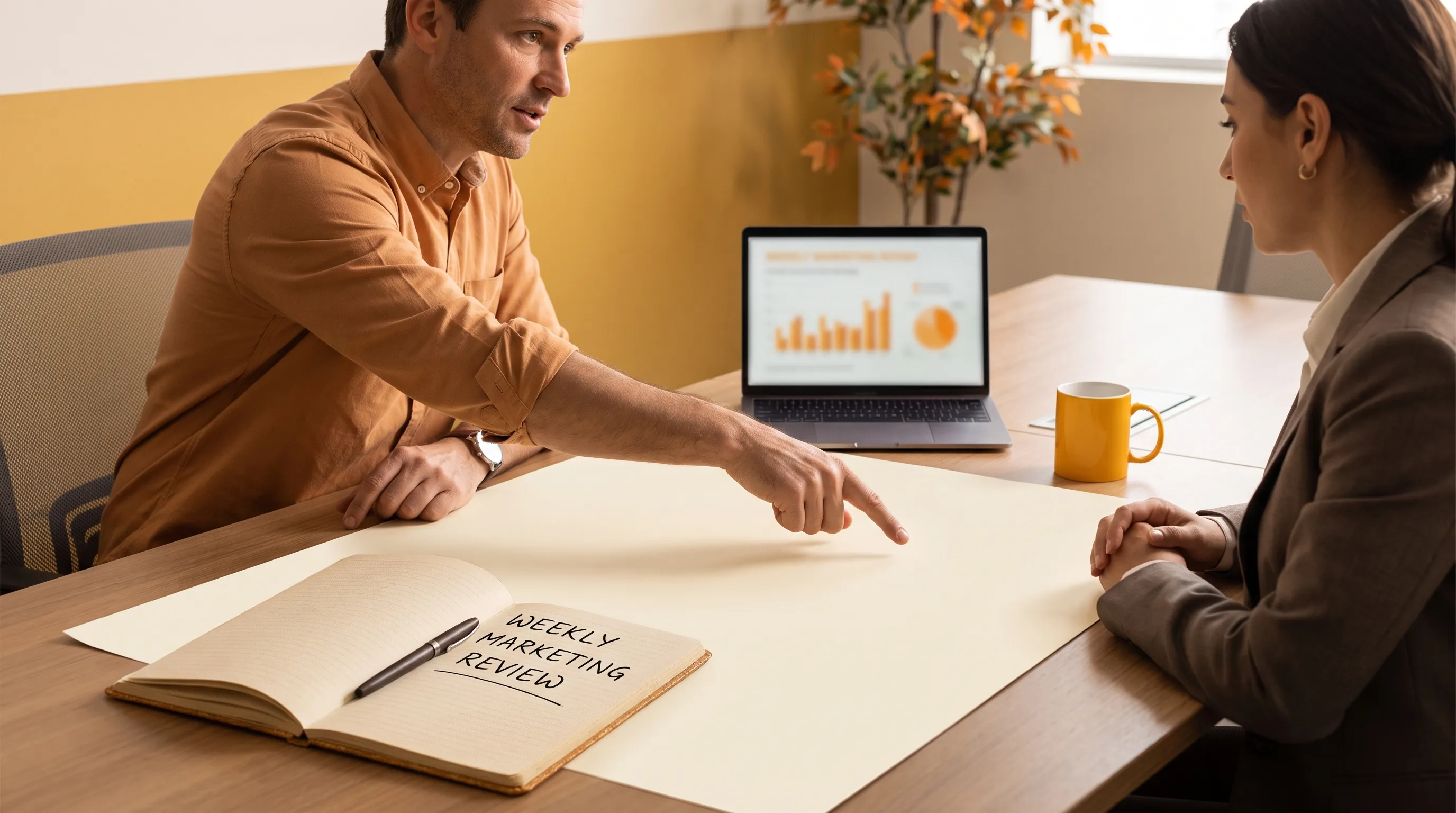 A weekly marketing review in progress, with a manager pointing at an unmarked sheet beside a notebook and pen on an office table.