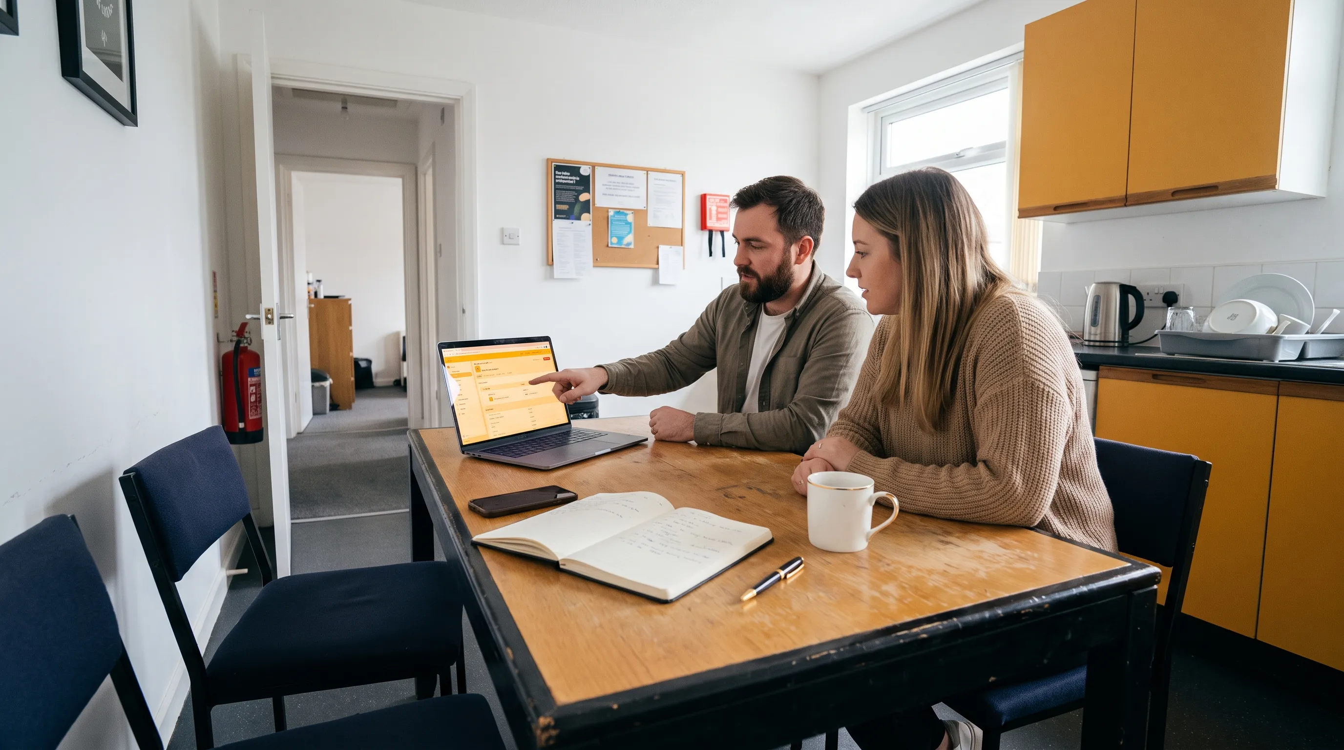 A founder and colleague check a lead record at a kitchen table used as a working spot in the office.