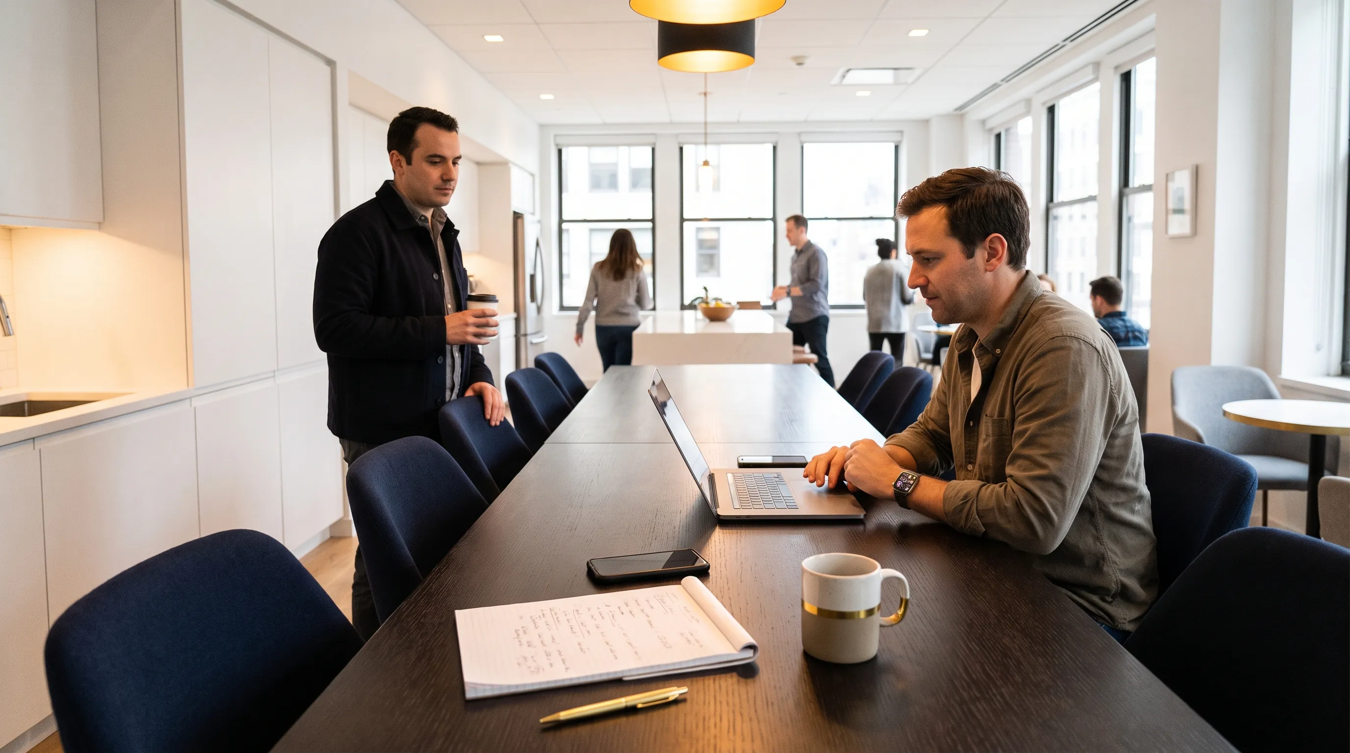 A founder checks enquiry notes at a kitchen table in an office break area while a colleague waits nearby.
