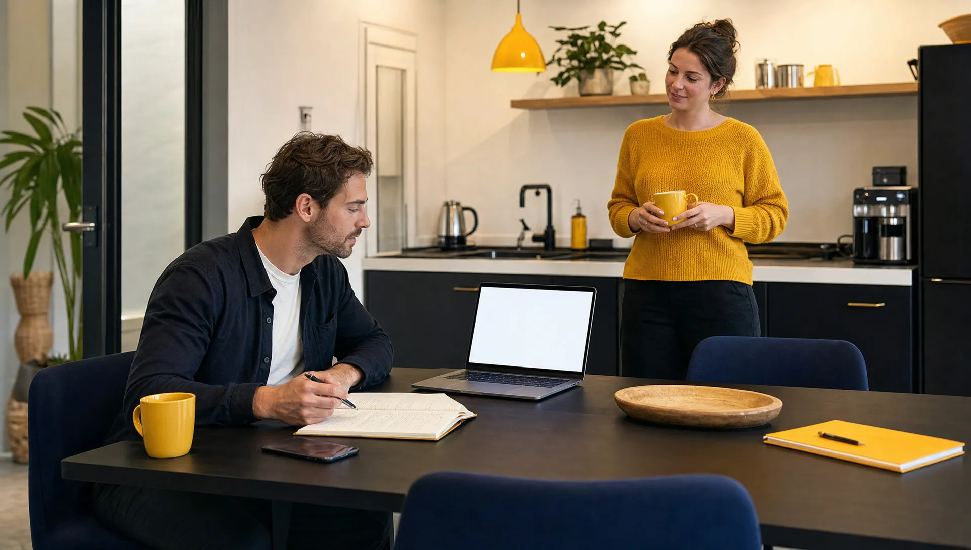 A founder checks a laptop and notes at a kitchen table while a colleague waits with a mug.