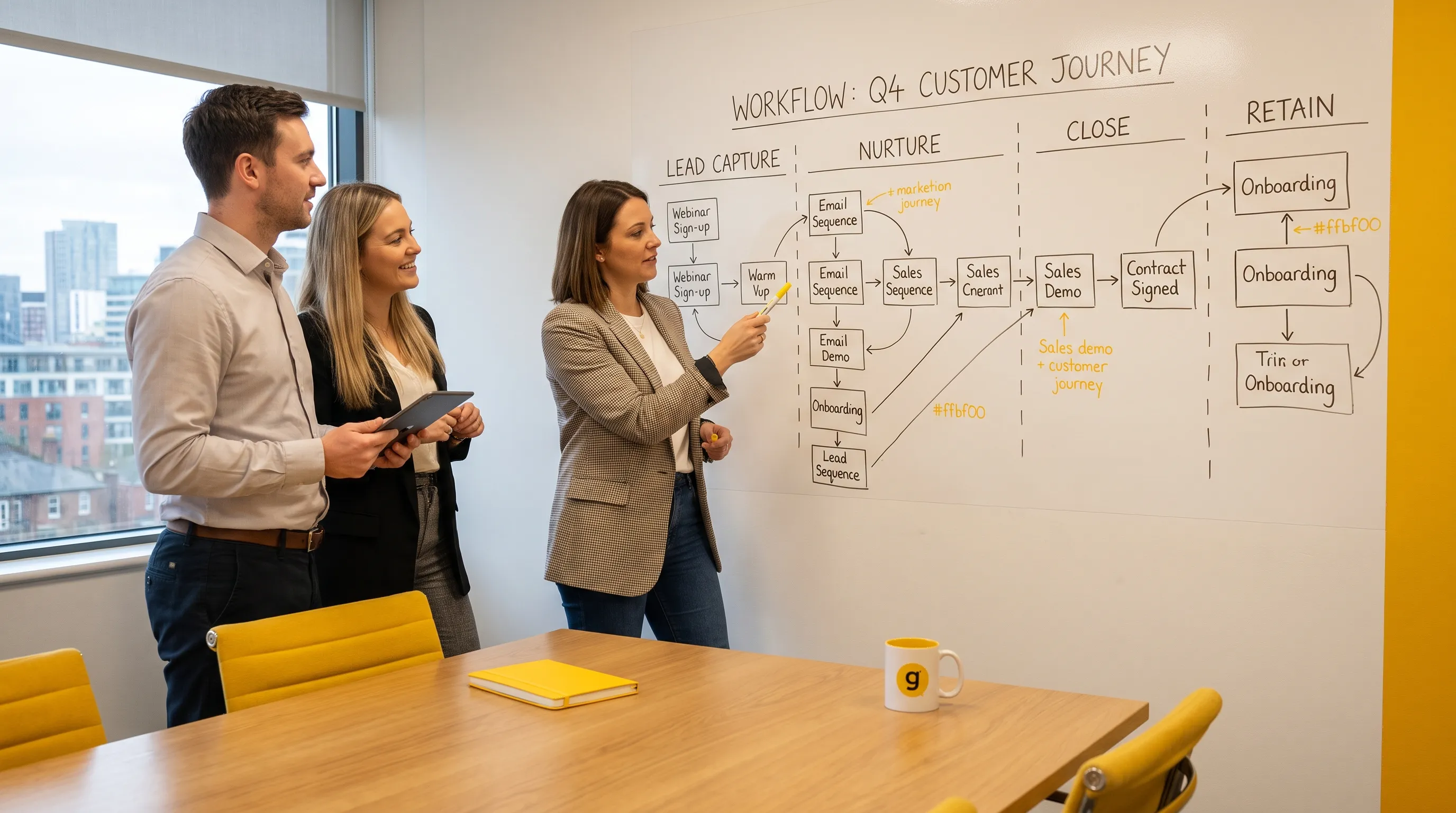 A founder, marketing lead and sales manager review a workflow on a whiteboard in a meeting room.