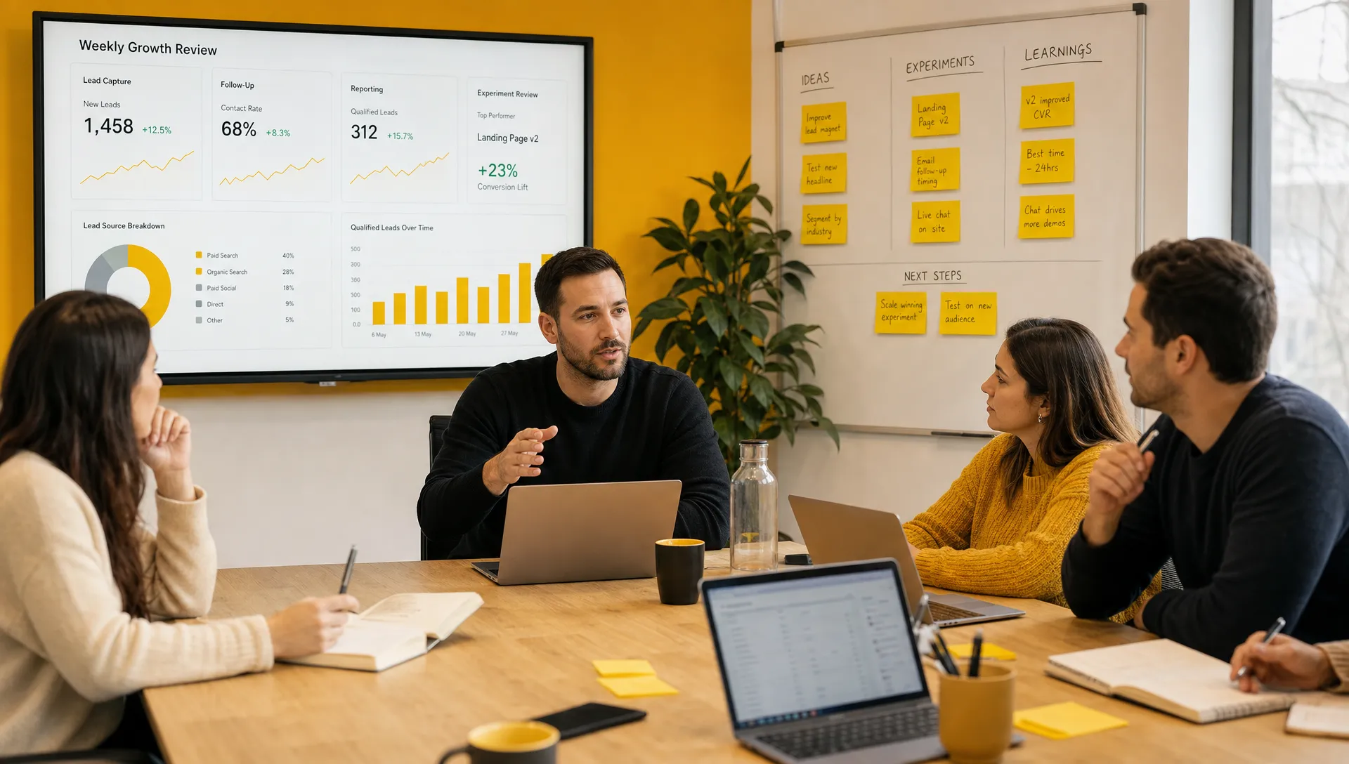 A founder-led business team around a meeting table reviewing lead capture, follow-up, reporting and experiment review.