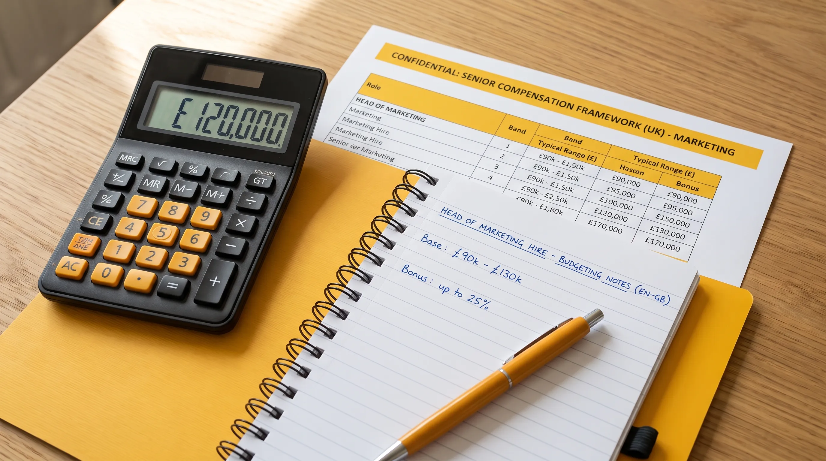 A desk with salary planning materials for a head of marketing hire, including a calculator, notebook and printout.