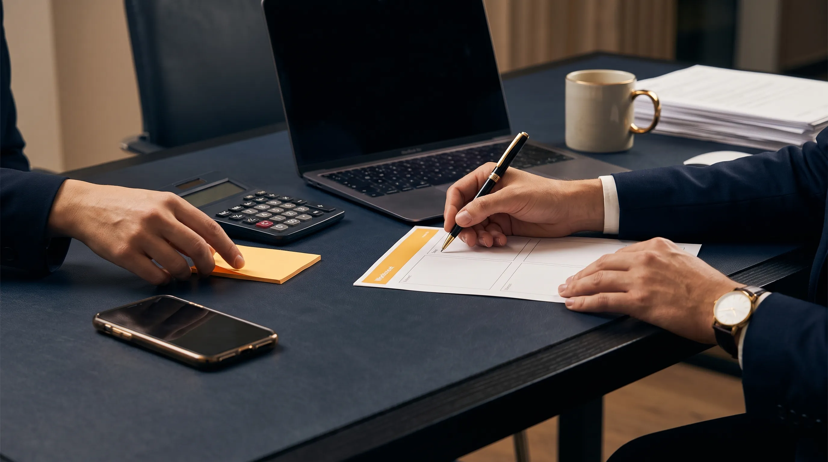 Hands mark follow-up records and costs on a desk while checking marketing ROI before a hire.