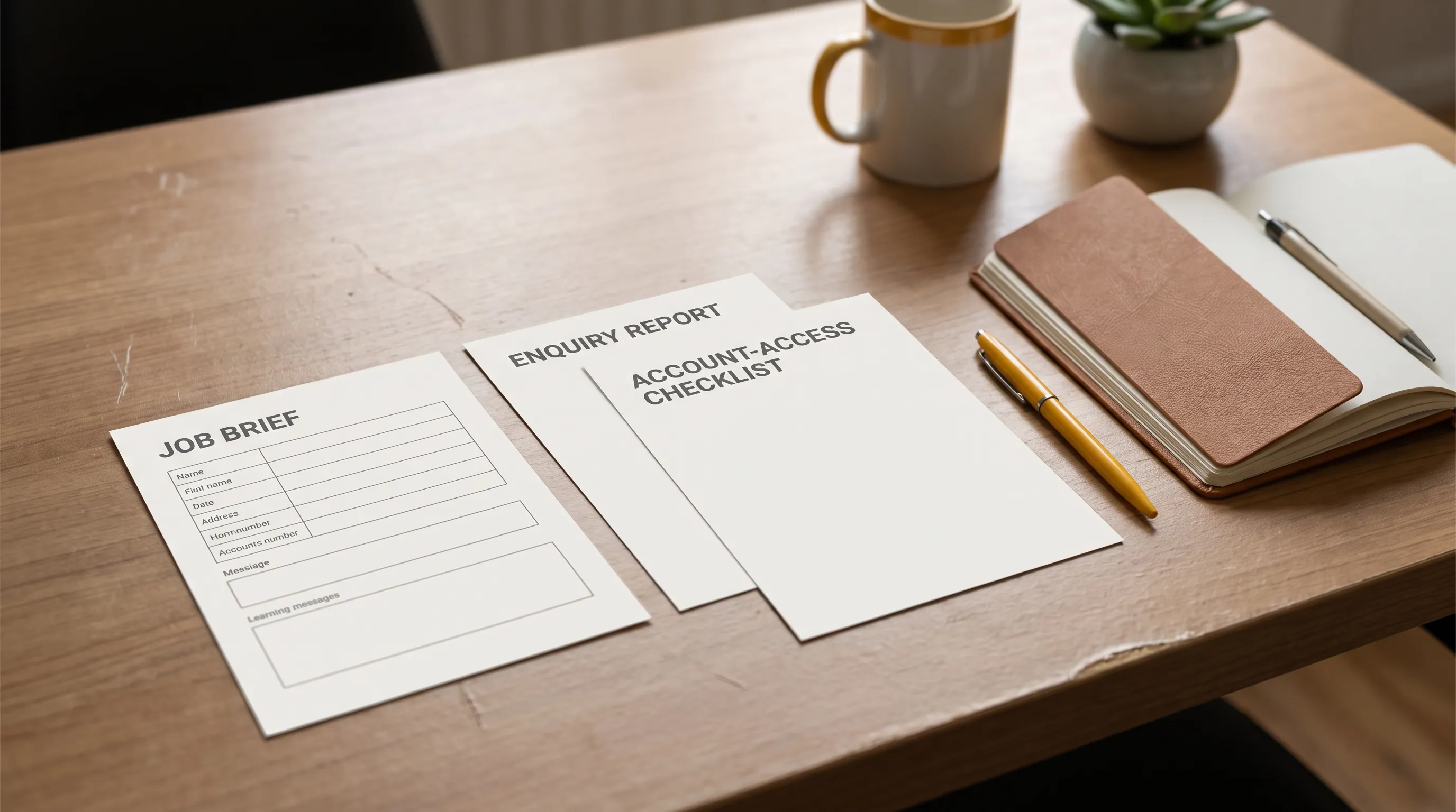 A blank job brief, enquiry report and account-access checklist sit beside a notebook on a founder's desk, ready for a marketing manager's responsibilities to be agreed.