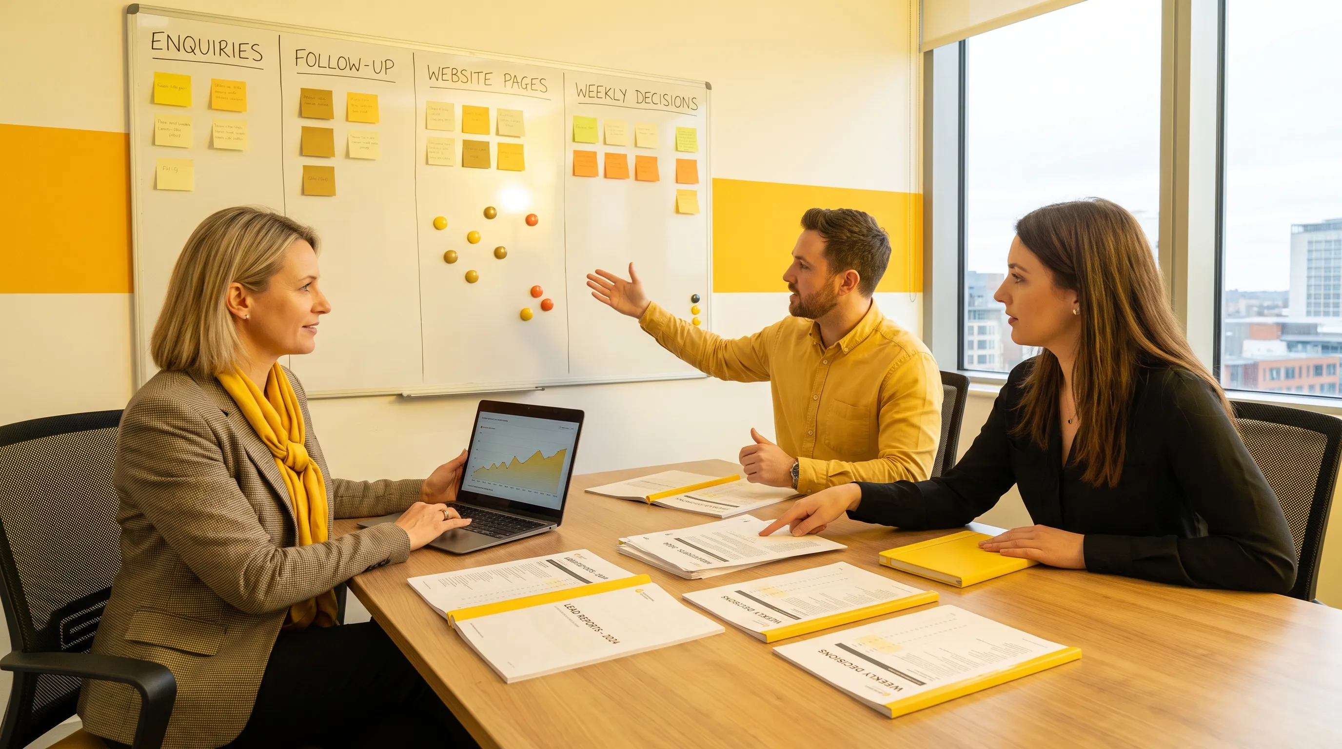 A founder, marketing lead and sales manager review printed lead reports and a planning board for enquiries, follow-up, website pages and weekly decisions.