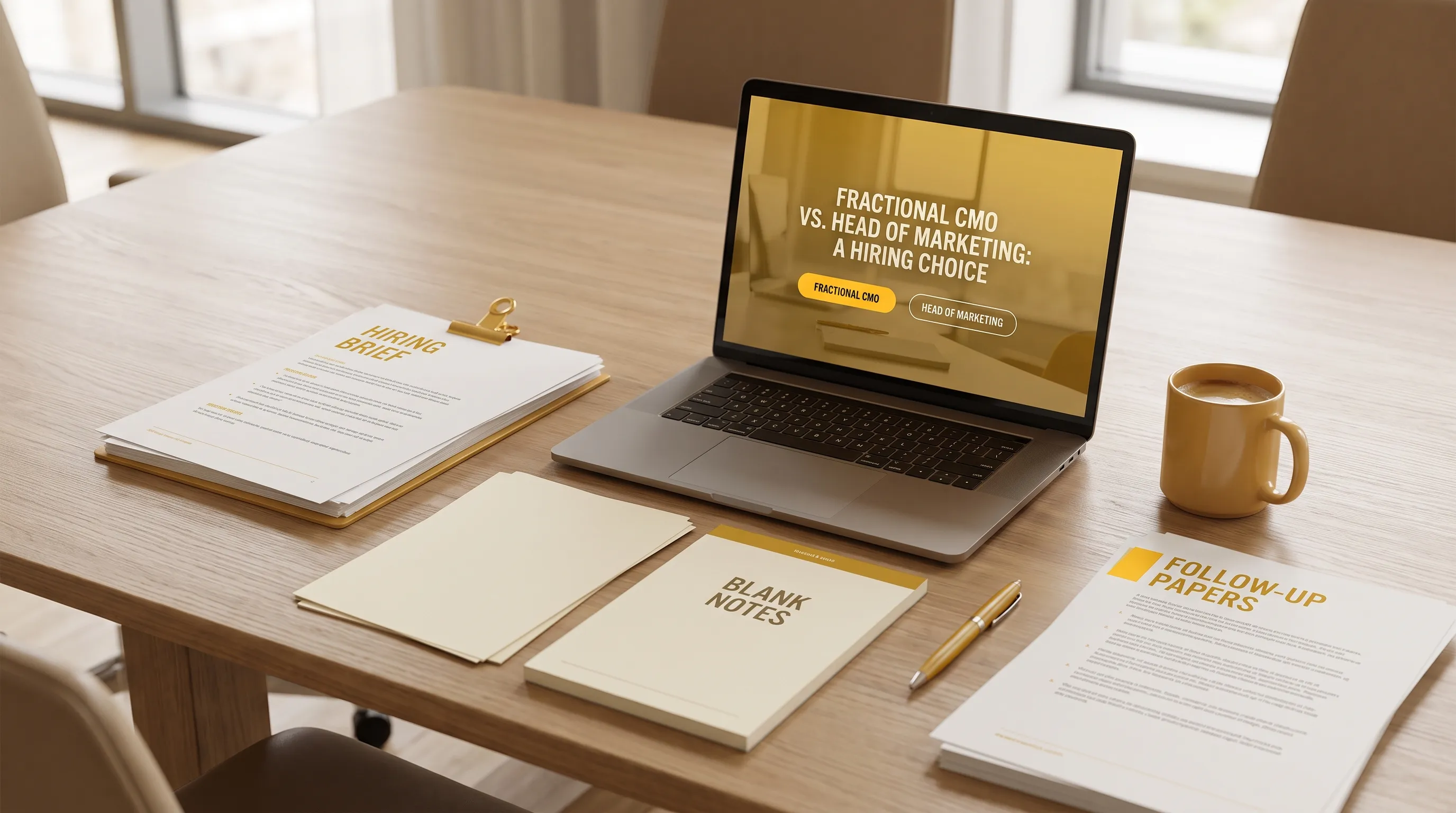A meeting table holds a hiring brief, blank notes and follow-up papers beside a laptop, showing the choice between fractional CMO and head of marketing.