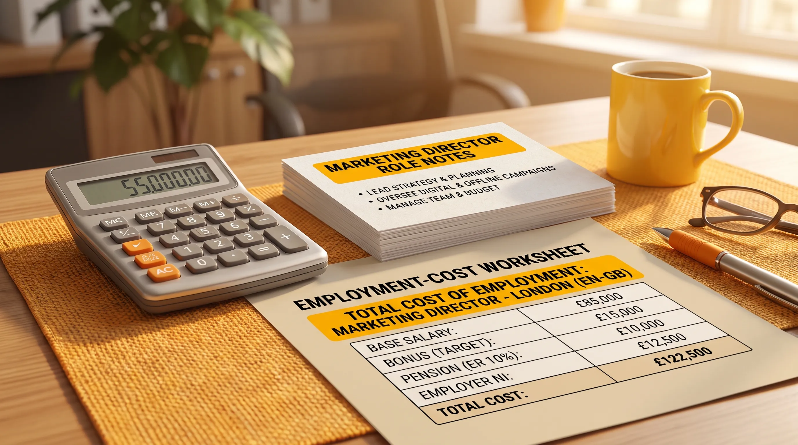 A desk scene with a calculator, printed role notes and an employment-cost worksheet for a marketing director salary.