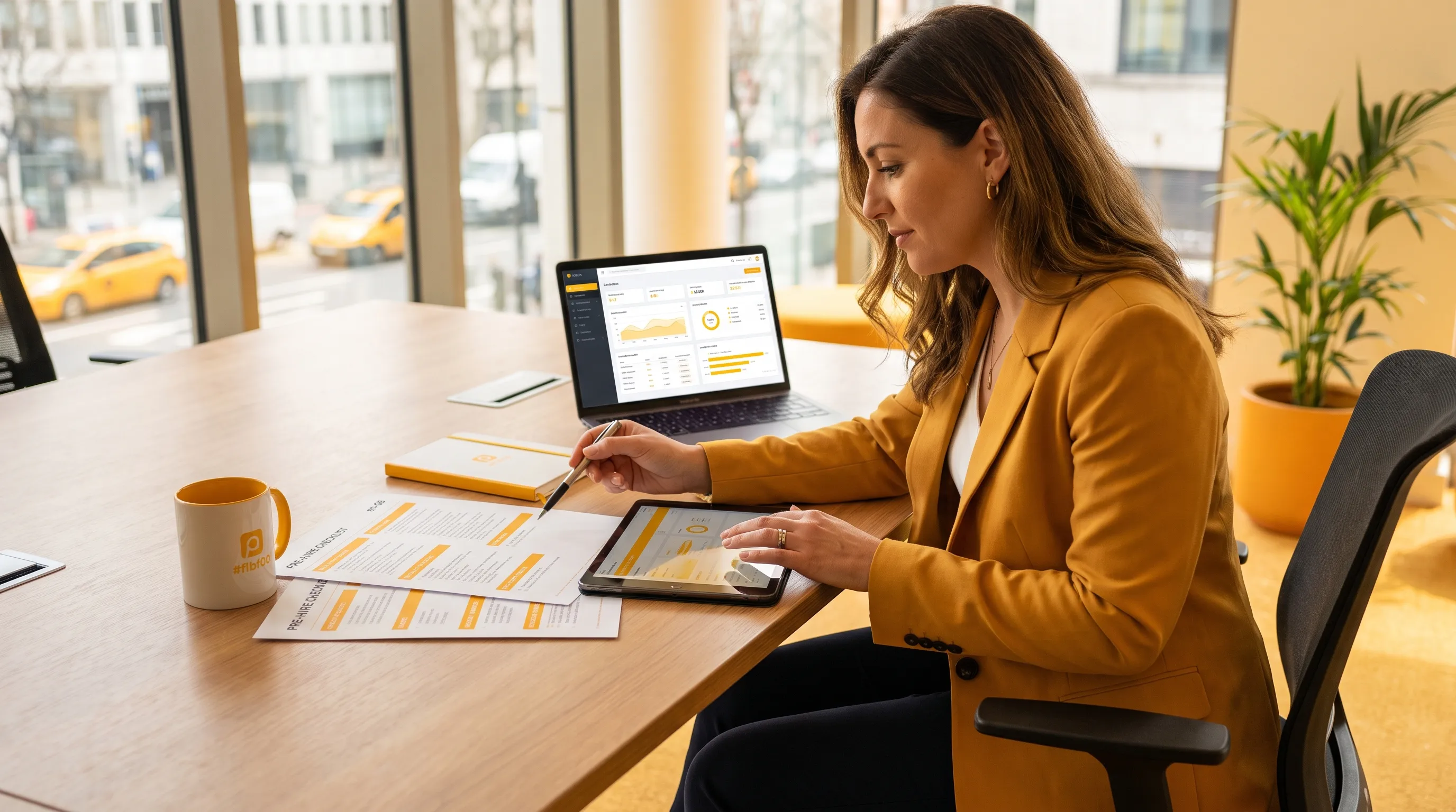 A founder reviews a pre-hire checklist with enquiry sources, follow-up rules, budget, weekly numbers and decision rights.