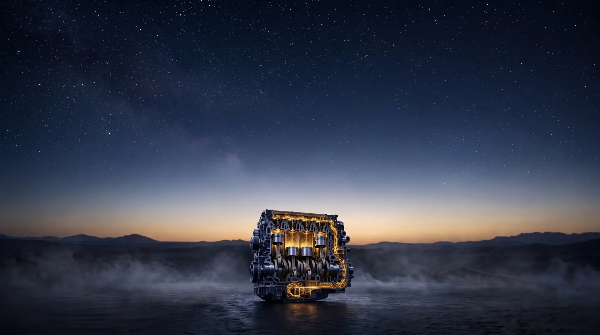 The Founder Engine render running gold at dawn under the stars