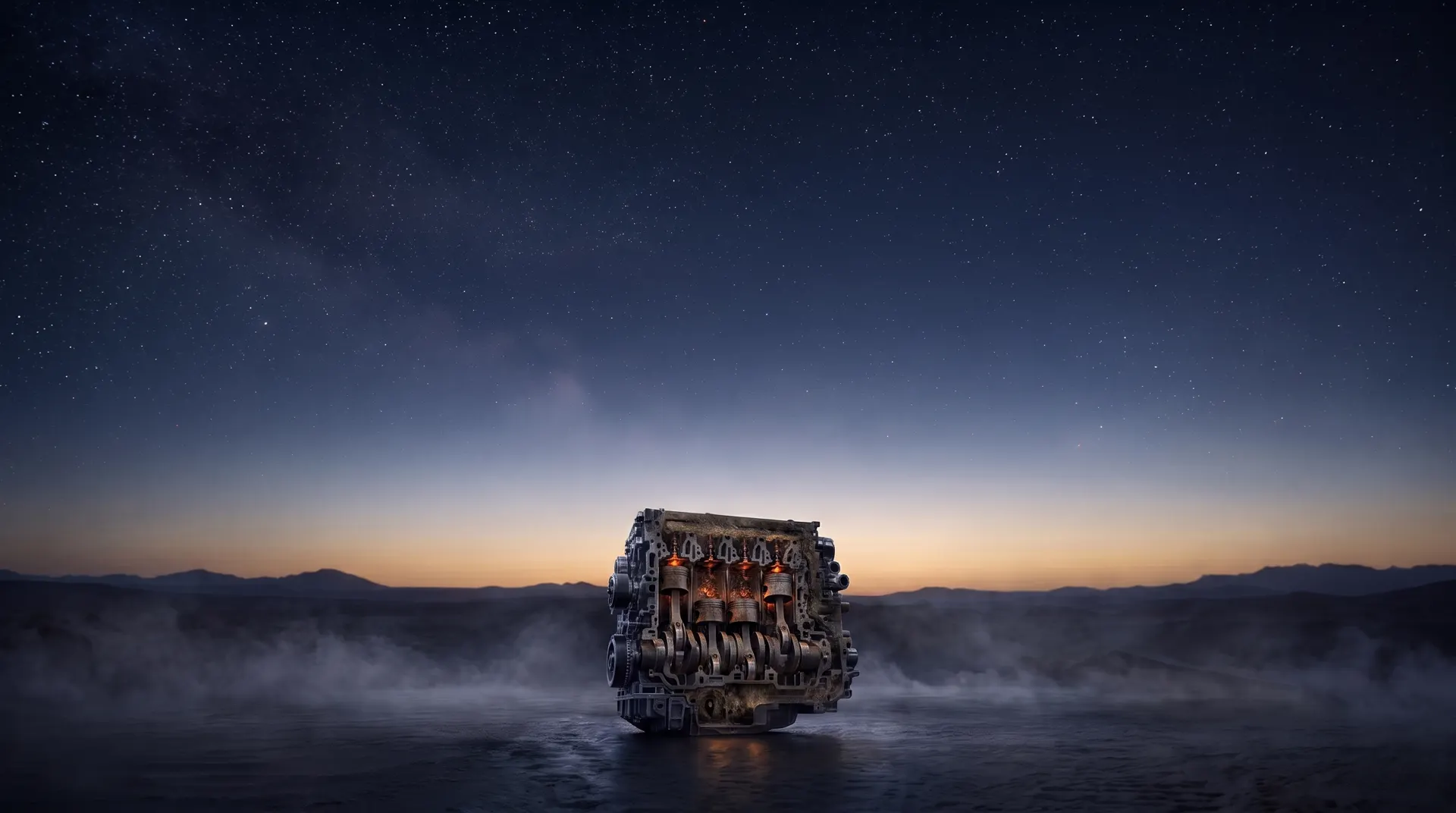 The Founder Engine render, a tired engine dimmed to an ember under a night sky