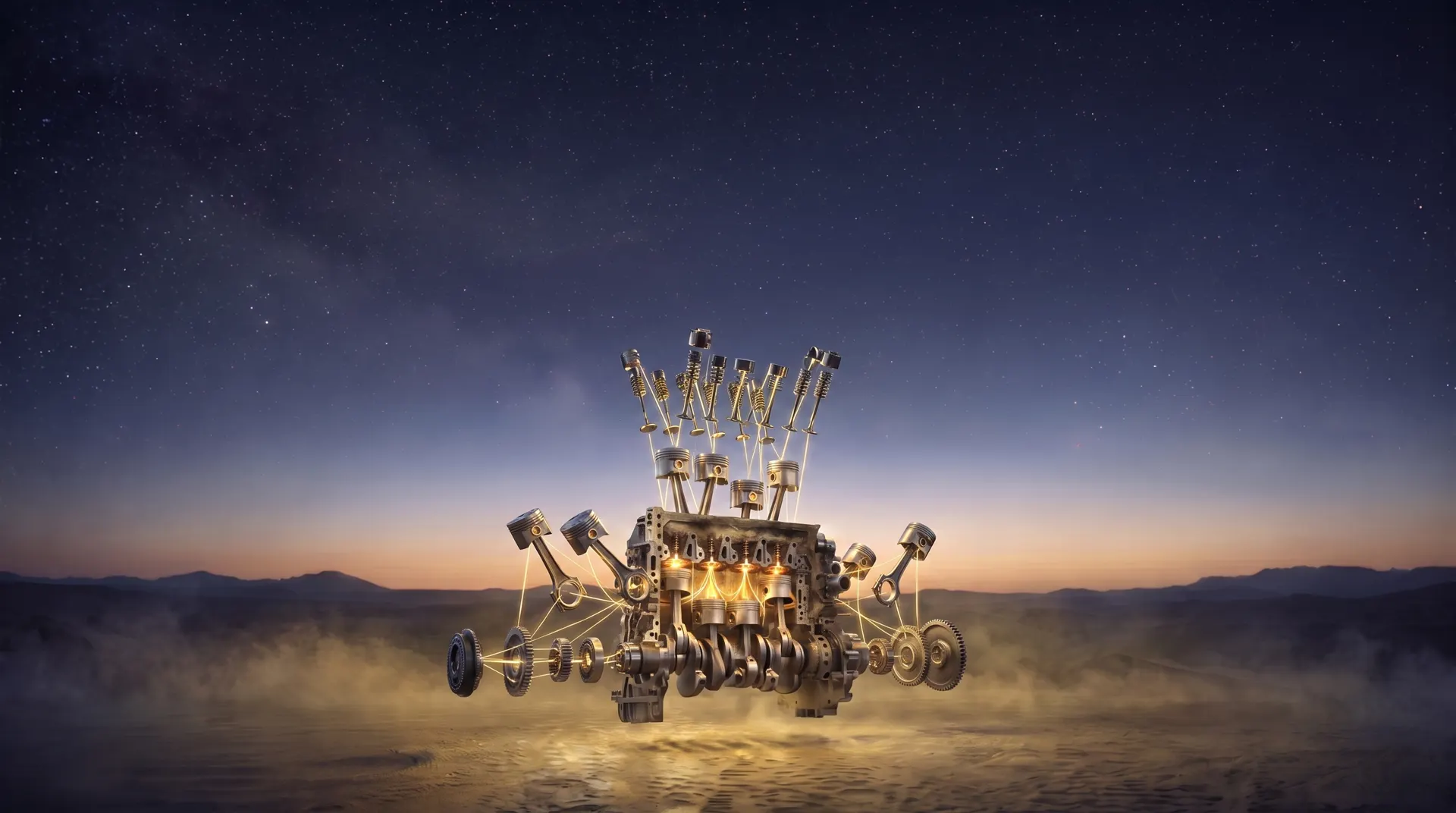 The Founder Engine render taken apart: every part floating, joined by gold filaments